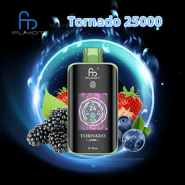 Front-facing black vape device with green trim and mouthpiece labeled Fumot Tornado 25000, showing a colorful digital display, set against a glowing blue circular energy background and surrounded by strawberries, blackberries and blueberries, with the product name and logo visible.