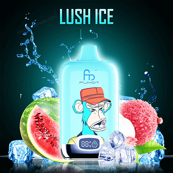 様式化された退屈な類人猿のイラストとデジタル電池表示が付いている明るい青緑色の電子タバコ デバイス。中央には水しぶきと氷があり、その近くにはスイカとライチのスライスがあり、上には LUSH ICE というタイトルが付いています。.