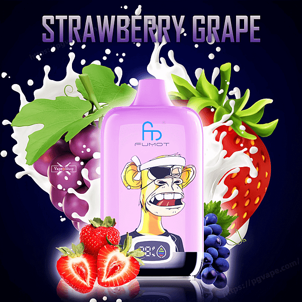 暗い背景に「STRAWBERRY GRAPE」という見出しの下に、イチゴ、紫ブドウ、白いミルクのしぶきに囲まれた漫画の猿が前面に描かれたピンクの Fumot 電子タバコ デバイス。.