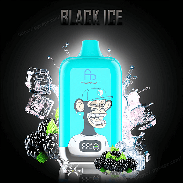 野球帽をかぶったサルの漫画とデジタルバッテリーインジケーターが特徴のターコイズブルーの長方形の電子タバコデバイス。暗いグラデーションの背景に「BLACK ICE」という見出しがあり、飛び散る氷、ブラックベリー、ミントの葉に囲まれています。.