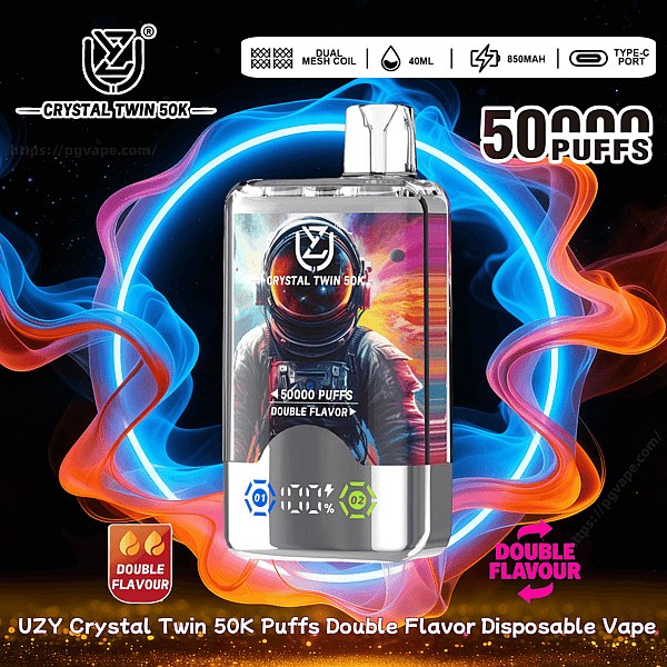 Glänzender rechteckiger Einweg-Vaporizer mit Astronauten-Motiv auf der Vorderseite, umgeben von wirbelndem blauem und orangefarbenem Neonrauch und mit der Aufschrift „Crystal Twin 50K“ und 50.000 Zügen, mit Symbolen für Dual-Mesh-Spule, 40 ml Kapazität, 850-mAh-Akku, Typ-C-Aufladung und Hinweisen zu zwei Geschmacksrichtungen.