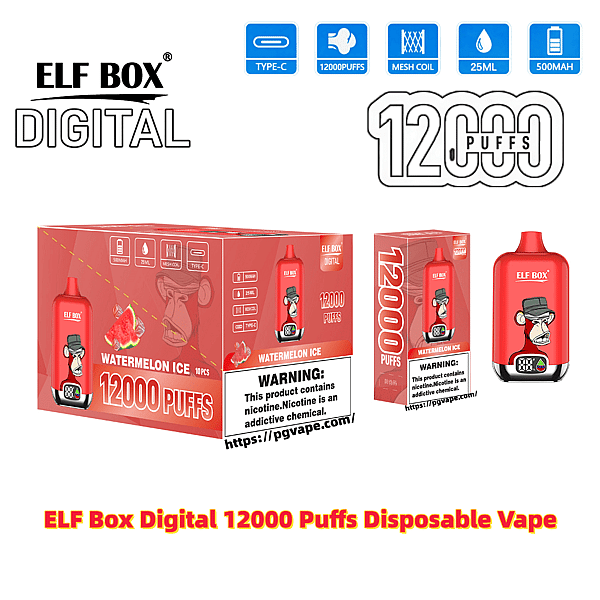 Annonslayout för ELF BOX Digital engångsvape i röd 'Watermelon Ice'-förpackning som visar enheten och flera lådor med en tecknad apa-logotyp, framträdande "12000 PUFFS"-text, ikoner för Type-C, mesh-spole, 25 ml och 500 mAh, och en synlig nikotinvarningsetikett.