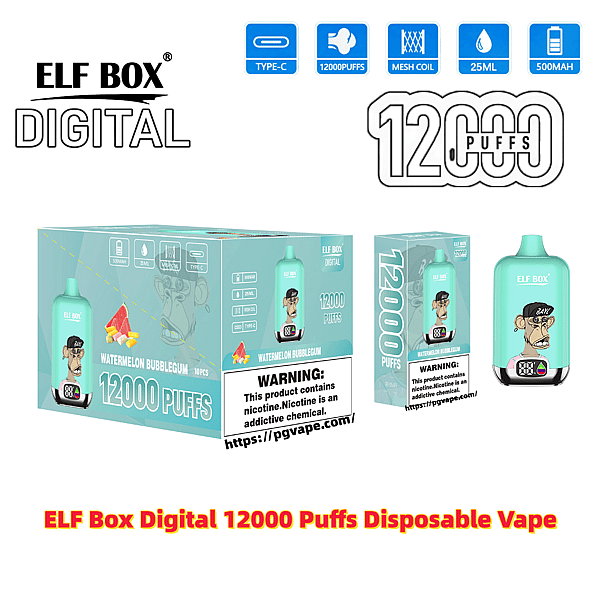 Mint-green ELF BOX Digital disposable vape device and retail packaging prominently labeled '12000 puffs' with watermelon bubblegum flavor artwork, icons for Type-C charging, mesh coil, 25ml and 500mAh, and a printed nicotine warning.