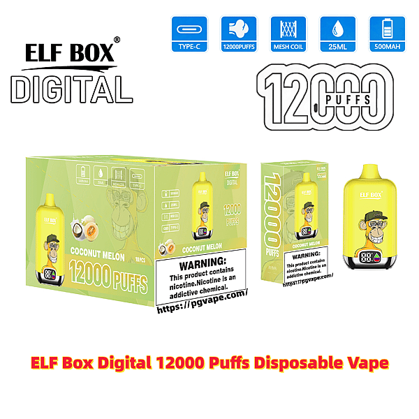 Yellow ELF BOX Digital disposable vape device and matching boxes in Coconut Melon flavor, featuring a cartoon monkey logo, prominent "12000 PUFFS" branding, icons for Type-C, mesh coil, 25 mL and 500 mAh, and a visible nicotine warning label.