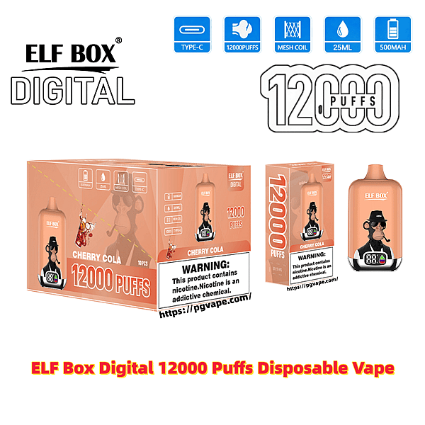 Pack shot of ELF BOX Digital Cherry Cola disposable vape showing a peach-colored device with a cartoon monkey logo next to its retail box and sleeve, prominent "12000 PUFFS" branding, icons for Type-C, mesh coil, 25ml and 500mAh, and a nicotine warning label.