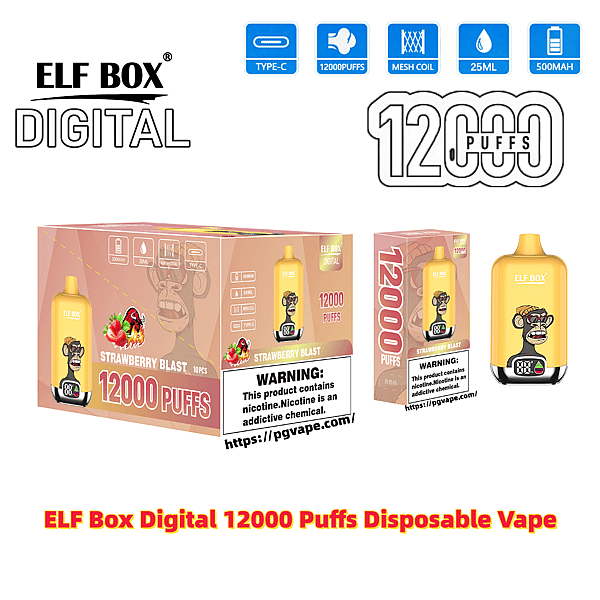 Packaging and product display for ELF BOX Digital 'Strawberry Blast' disposable vape showing a yellow device with a cartoon monkey, boxes labeled 12,000 puffs, icons for Type‑C charging, mesh coil, 25ml and 500mAh, and a nicotine warning.