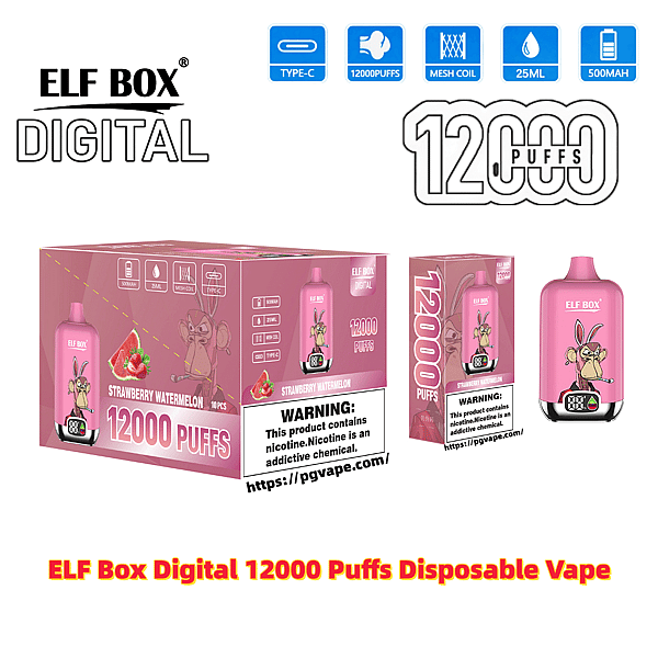 Pink ELF BOX Digital disposable vape and packaging labeled 12000 puffs for strawberry watermelon flavor, showing the pink device with cartoon rabbit artwork, product box and retail pack, icons for Type-C, mesh coil, 25ml and 500mAh, and a nicotine warning label.