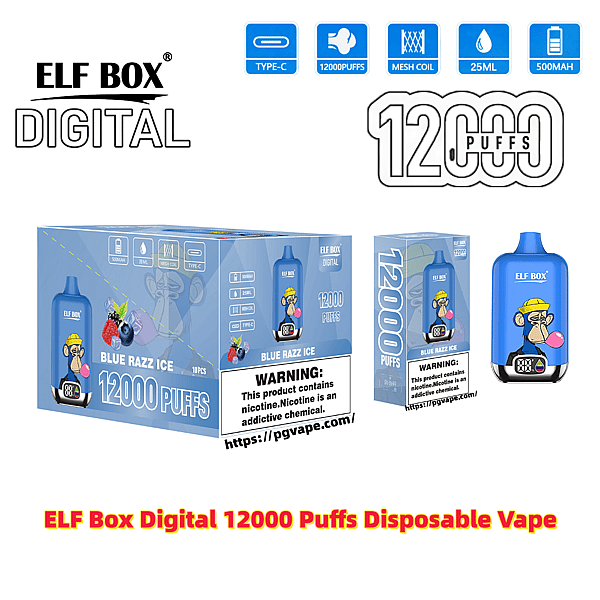 Blue ELF BOX Digital disposable vape and boxed packaging labeled '12000 Puffs' with a blue device featuring a cartoon monkey, 'Blue Razz Ice' flavor text, icons for Type‑C, mesh coil, 25ml and 500mAh, and a visible nicotine warning label.