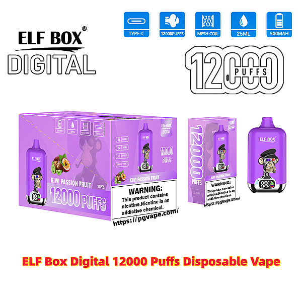 Purple ELF BOX Digital disposable vape and matching retail box labeled 'Kiwi Passion Fruit' with a cartoon ape graphic, prominent 12,000 PUFFS branding, icons for Type-C, mesh coil, 25ml and 500mAh, and a nicotine warning panel.