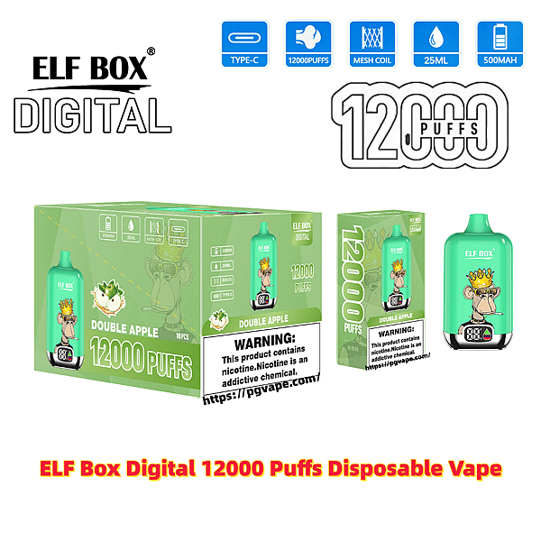 Green ELF BOX Digital disposable vape device and packaging labeled 'Double Apple' featuring a crowned monkey illustration, prominent '12000 puffs' branding and icons for Type‑C charging, mesh coil, 25 ml and 500 mAh specifications.