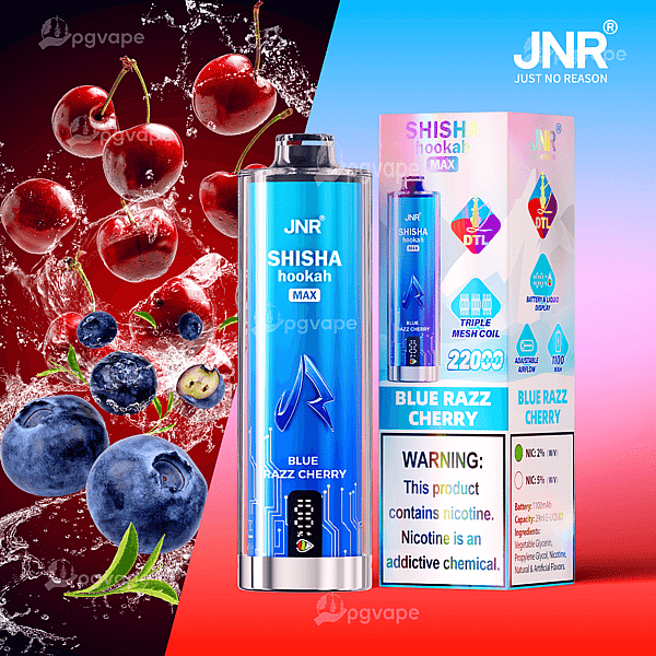 Blue metallic JNR Shisha Hookah MAX disposable vape labeled Blue Razz Cherry pictured next to its matching boxed packaging on a pink-to-blue gradient background with splashing cherries and blueberries at left.