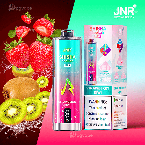Cylindrical metallic gradient JNR SHISHA hookah MAX disposable vape and its matching box labeled Strawberry Kiwi, shown against a split red-and-teal background with fresh strawberries and sliced kiwis and a visible nicotine warning on the packaging.