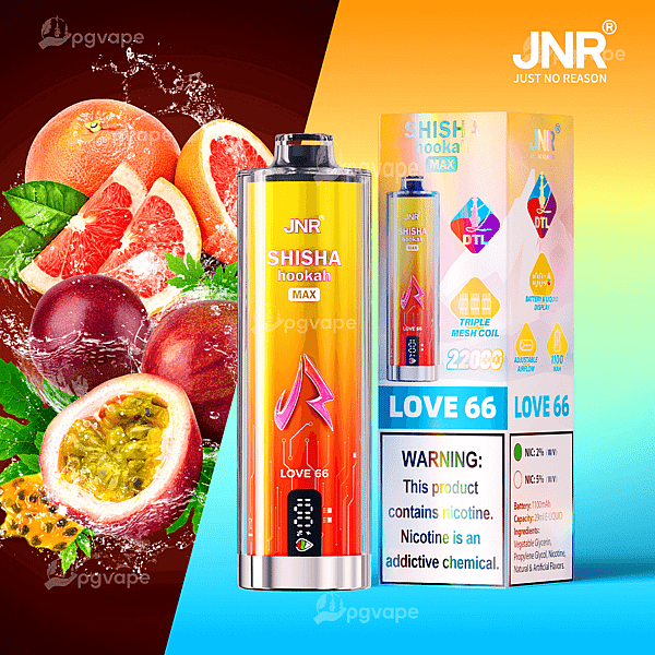 Bright cylindrical JNR “Shisha Hookah Max” disposable vape device labeled “Love 66” standing beside its colorful retail box with a nicotine warning, set against a split background of tropical fruits (passionfruit and grapefruit) and a yellow-to-blue gradient.
