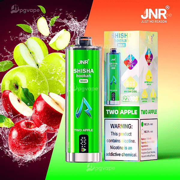 Bright green JNR “Shisha Hookah Max” two-apple flavored vape device standing next to its colorful retail box, with splashing red and green apples in the background.