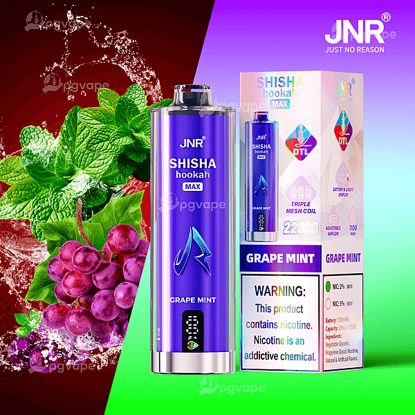 Purple metallic JNR Shisha Hookah Max disposable vape labeled "Grape Mint" standing beside its matching box, with grapes and mint leaves imagery, a split red-to-green background, and a visible nicotine warning on the packaging.