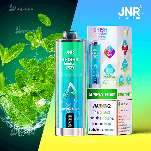 Teal-green cylindrical JNR Shisha Hookah Max disposable vape labeled 'Simply Mint' shown beside its colorful product box with icons and a nicotine warning, set against a backdrop of fresh mint leaves.