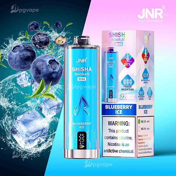 Metallic blue JNR Shisha Hookah Max disposable vape device and its matching box labeled "Blueberry Ice" displayed next to splashing blueberries and ice cubes against a teal-to-pink gradient background.