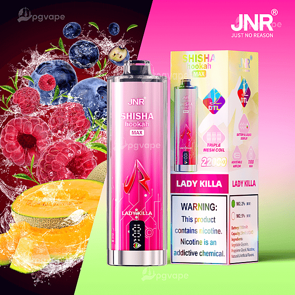 Bright pink JNR Shisha Hookah Max disposable vape labeled "Lady Killa" standing beside its colorful packaging with a nicotine warning, set against a split backdrop of splashing blueberries, raspberries and cantaloupe.