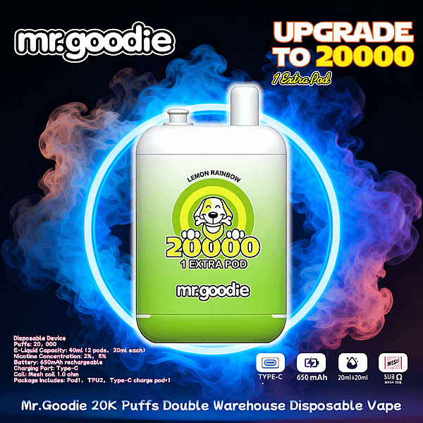 Green Mr. Goodie Lemon Rainbow disposable vape pod with a cartoon dog logo and prominent '20000 1 Extra Pod' text centered against a neon blue circular glow and purple-blue smoke background, with an 'Upgrade to 20000' headline in the top right.