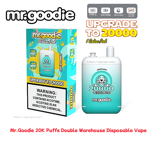 Mint-green Mr.Goodie disposable vape and matching box pictured side-by-side, featuring bold 'Upgrade to 20000 1 Extra Pod' text, a smiling cartoon mascot, product icons (Type‑C, 650 mAh, 20ml+20ml, dual mesh), and a prominent nicotine warning label on the box.