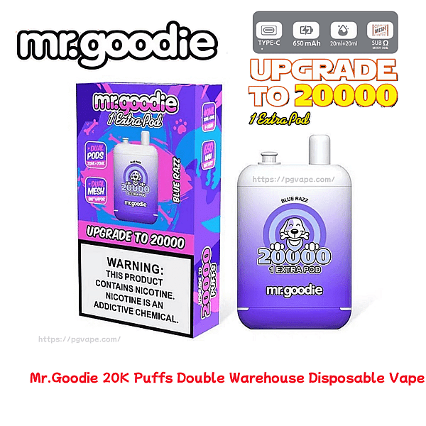 Purple-blue Mr.goodie disposable vape packaging and device labeled "Blue Razz" and "Upgrade to 20000 1 Extra Pod", featuring a smiling mascot, nicotine warning label, and icons for Type-C charging, 650 mAh battery, 20ml+20ml e-liquid and mesh coil.