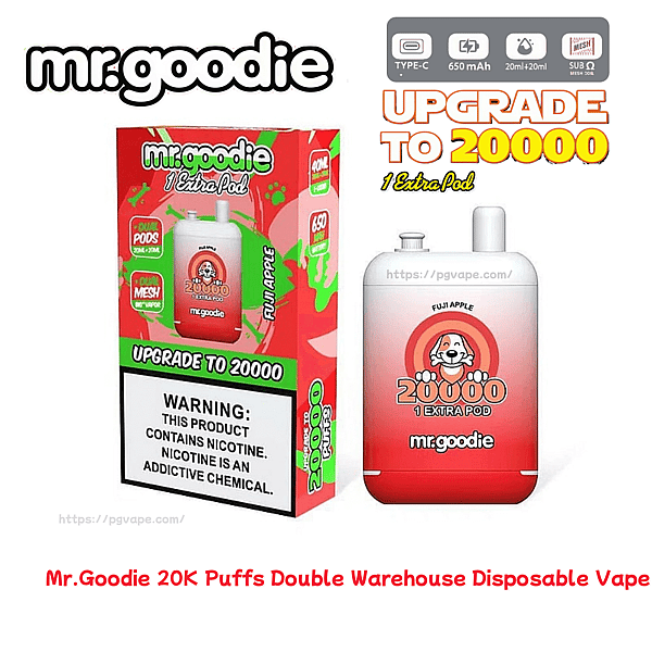 Mr. Goodie disposable vape and box in a red-to-white gradient branded "20,000 1 Extra Pod" and "Fuji Apple", showing packaging with a nicotine warning and icons for Type‑C charging, 650 mAh battery and dual 20 ml pods.