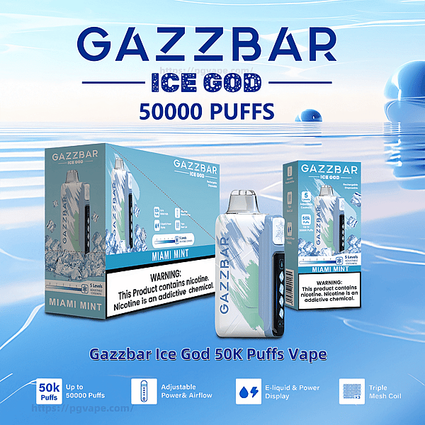 氷水の背景に白と青の GAZZBAR Ice God 使い捨て電子タバコと 2 つのマイアミ ミント ボックスの広告画像。パッケージには「50,000 パフ」と目立つニコチン警告が表示されています。.