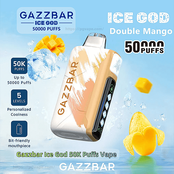Gazzbar Ice God の使い捨て電子タバコのプロモーション画像。青色の背景に氷とマンゴーのかけらを浮かべたオレンジと白のデザインで、ダブル マンゴー フレーバー、50,000 パフ、5 つの冷却レベル、一口に優しいマウスピースを宣伝するテキストが添えられています。.