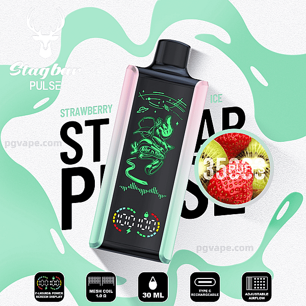 Stagbar Pulse vape device in mint and pink with a neon-green astronaut graphic centered on a mint-splashed promotional background, accompanied by a circular close-up of strawberries and kiwi and icons indicating 30 ml capacity, mesh coil, Type-C rechargeability, and adjustable settings.