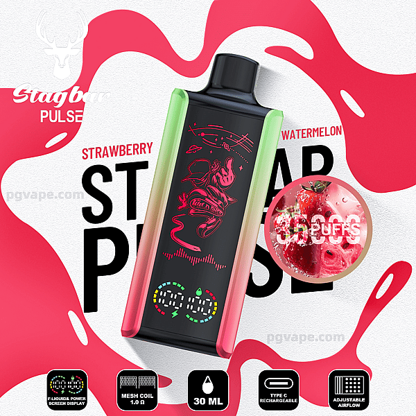 Colorful rectangular Stagbar Pulse vape device with green-to-pink gradient side panels and a central black screen showing neon-red artwork and LED indicators, set on a white background with pink splash accents, labeled Strawberry and Watermelon with a circular inset of fruit marked "5000 PUFFS" and small icons along the bottom indicating mesh coil, 30 mL capacity, Type-C rechargeability, and adjustable airflow.