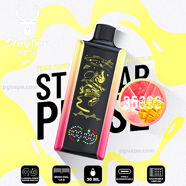 Rectangular Stagbar Pulse vape in black with yellow-to-pink side panels, a neon-yellow astronaut graphic and LED power display, set against a promotional background naming peach-mango and watermelon flavors with a circular "3500 puffs" badge showing fruit images and icons for mesh coil, 30 mL capacity, and USB-C rechargeability.