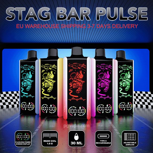 Promotional image featuring five Stag Bar Pulse vape devices with glowing gradient side panels and black front panels decorated with neon stag illustrations, reflected on a glossy floor under large STAG BAR PULSE text and an "EU warehouse shipping 3–7 days delivery" banner, set against a blue racetrack-style background with icons below noting 30 mL e-liquid, mesh 1.0 Ω coil, USB‑C rechargeability and adjustable airflow.