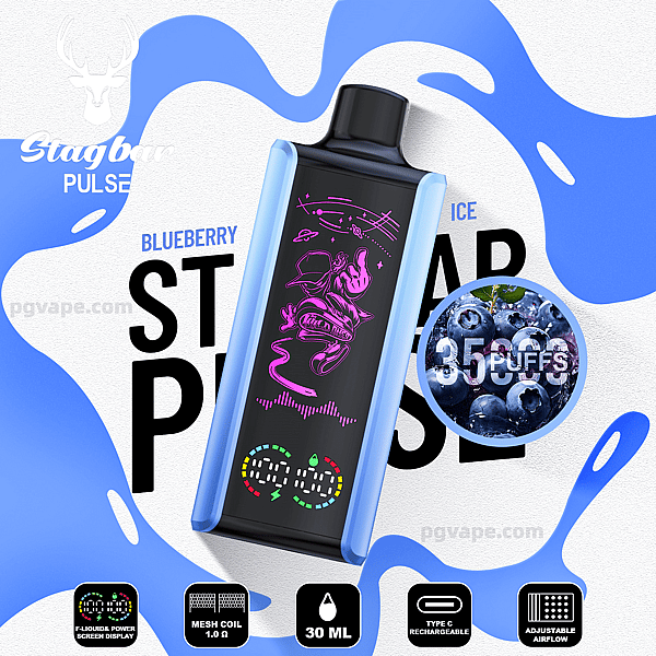 Blue and black Stagbar Pulse vape device with a colorful LED screen and purple astronaut graphic, set on a blue splash background with a blueberry badge reading 3500 puffs and feature icons for 30ml, mesh coil, Type-C recharge and adjustable airflow