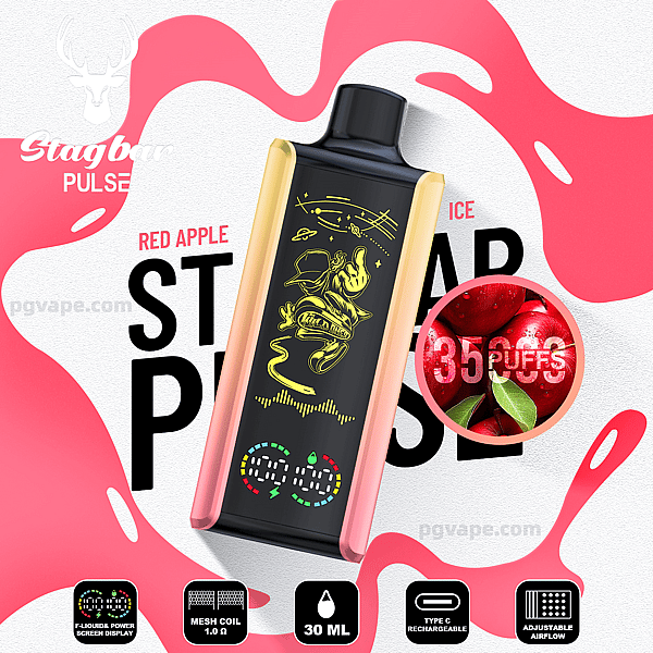 Sleek rectangular vape device with rose-gold edges and a black front display showing a yellow skateboarder graphic and digital counters, set on a pink splash background with a circular inset of glossy red apples labeled 35 PUFFS and the text indicating Red Apple Ice flavor.