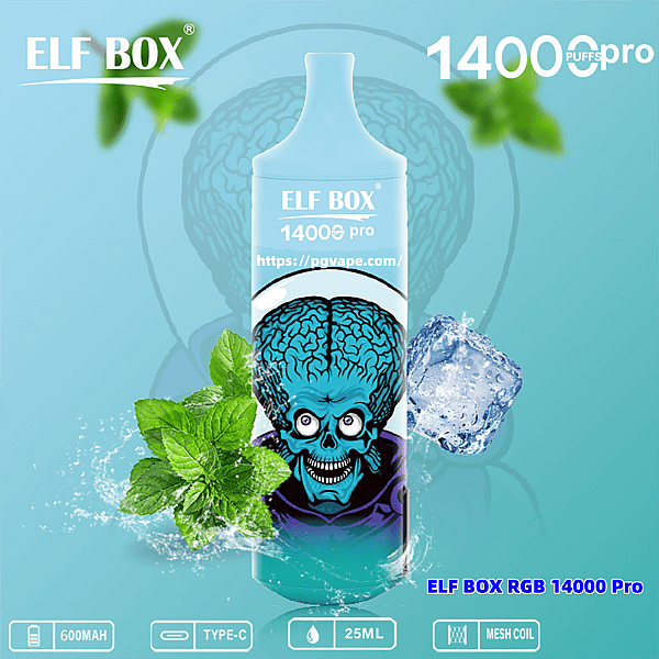 Hög turkos ELF BOX 14000 Pro engångsvape-enhet med en blå hjärnskalleillustration, myntblad och en isbit som föreslår mentolsmak, satt på en kricka bakgrund med märkestext och små ikoner för 600mAh, Type-C, 25ML och mesh-spole.