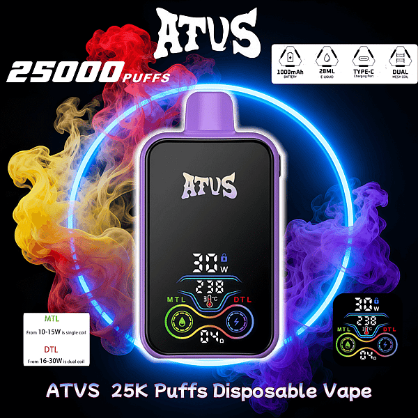 Purple-edged ATUS disposable vape device centered inside a glowing neon ring with swirling red, yellow and purple vapor, advertising 25,000 puffs and showing a digital display plus icons for 1000 mAh battery, 28 ml e-liquid, Type‑C charging and dual mesh coil.