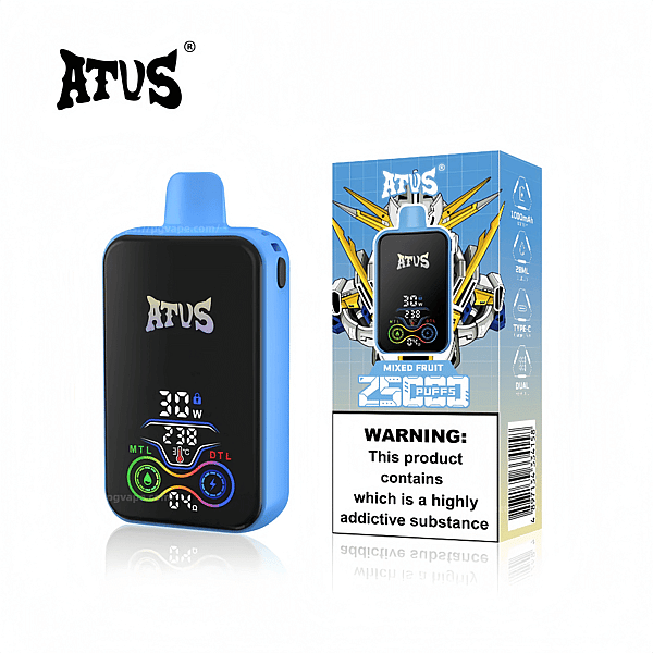 Blue ATUS-branded pod vape device with a black front screen showing wattage and colored MTL/DTL icons, shown beside its matching retail box labeled “Mixed Fruit” and a prominent warning that the product contains a highly addictive substance.
