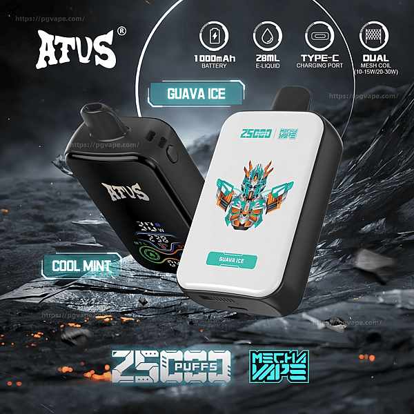 Two handheld ATVS vaping devices floating over a cracked icy landscape — a white pod labeled Guava Ice with colorful mech artwork and a black pod showing the ATVS logo and display; on-image icons indicate 1000mAh battery, 28mL e-liquid, Type‑C charging and dual mesh coil, with Cool Mint and 2500 puffs branding.