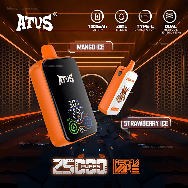 Two orange ATUS vape devices—one black-front model with a digital display and an orange-and-white pod with flavor artwork—float in a glowing orange futuristic tunnel labeled Mango Ice and Strawberry Ice, with icons noting 1000mAh battery, 28ml e-liquid, Type‑C charging, dual mesh coil and '2500 puffs' branding.