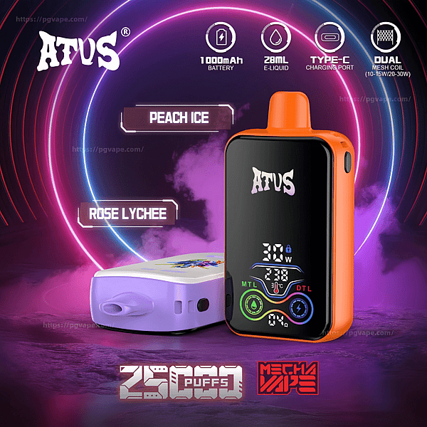 Two ATUS vape devices fronted by an upright orange-and-black pod with a digital display and a purple pod lying behind, set against neon pink and purple circular light rings with labels 'Peach Ice' and 'Rose Lychee' and icons indicating 1000mAh battery, 28ml e-liquid, Type‑C charging, dual mesh coil and '25000 puffs'.