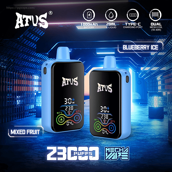 Promotional image showing two light-blue ATUS portable vape devices with glossy black front panels and colorful digital displays set in a neon futuristic tunnel, labeled Blueberry Ice and Mixed Fruit and advertising 1000mAh battery, 20ml e-liquid, Type-C charging, dual mesh coils and 23,000 puffs.