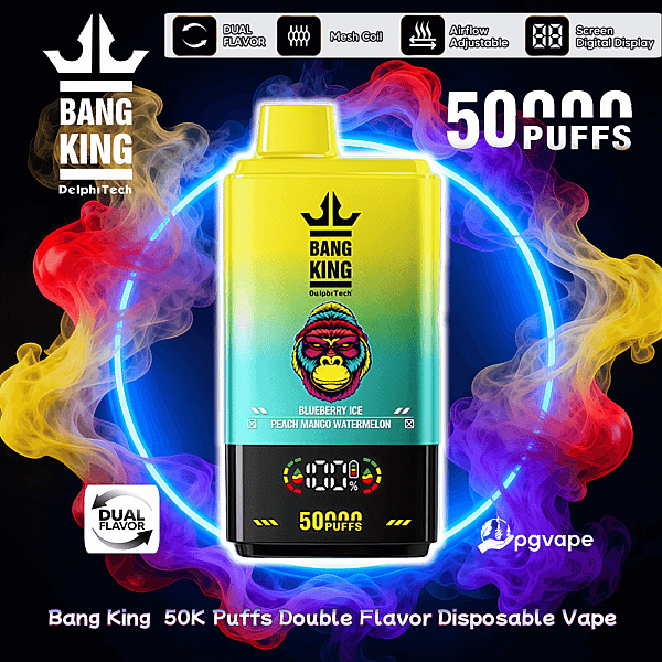 Bright yellow-to-teal gradient disposable vape device labeled BANG KING centered on a black background with a glowing neon ring and colorful swirling vapor, showing 50,000 puffs, flavor names Blueberry Ice and Peach Mango Watermelon, and icons for dual flavor, mesh coil, adjustable airflow and digital screen.