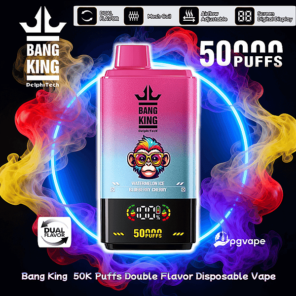 Promotional image of a gradient pink-to-blue Bang King disposable vape with crown logo, labeled 50,000 puffs and dual-flavor (Watermelon Ice / Blueberry Cherry), showing a digital display and icons for mesh coil and adjustable airflow, set against swirling multicolored smoke and a glowing neon ring.