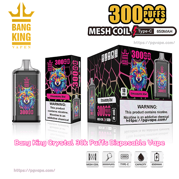 Vape usa e getta Bang King confezionato e scatola espositiva con un design di lupo multicolore al neon etichettato Strawberry Kiwi, che pubblicizza in modo visibile 3000 boccate, bobina a rete, ricarica di tipo C e batteria da 650 mAh, con un'etichetta di avvertenza sulla nicotina visibile.