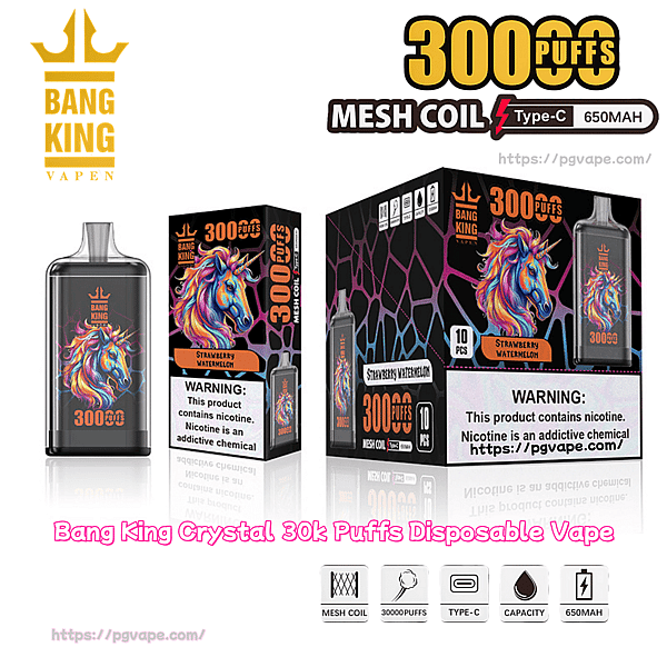 Il vaporizzatore usa e getta Black Bang King e la confezione etichettata "300 puff" con bobina a rete e icone Type-C da 650 mAh, sapore di fragola e anguria, un'illustrazione colorata di unicorno ed etichette di avvertenza sulla nicotina.