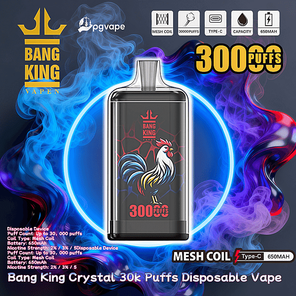 Dispositivo di vaporizzazione usa e getta Bang King nero con illustrazione colorata di un gallo ed etichetta '300 PUFFS' centrata all'interno di un anello blu brillante, circondato da fumo vorticoso blu e viola e accompagnato dal logo del marchio e dalle icone delle funzioni (bobina a rete, tipo C, 650 mAh).