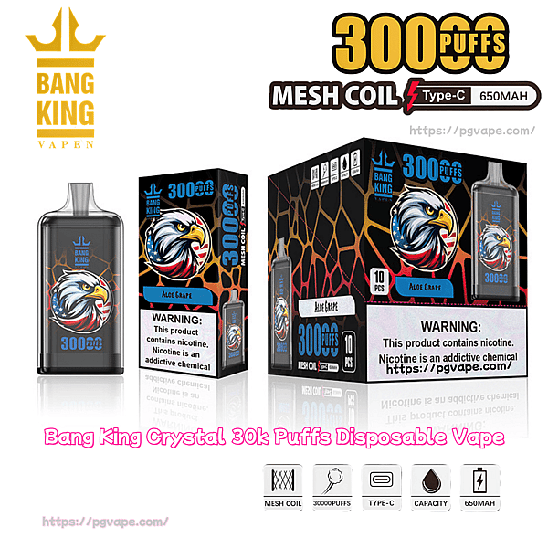Vape usa e getta Black Bang King e scatole per la vendita al dettaglio abbinate con un logo stilizzato dell'aquila, etichettato Aloe Grape e contrassegnato in modo visibile con un numero di sbuffi e specifiche tra cui bobina a rete, ricarica di tipo C e batteria da 650 mAh, con un'etichetta di avvertenza sulla nicotina.
