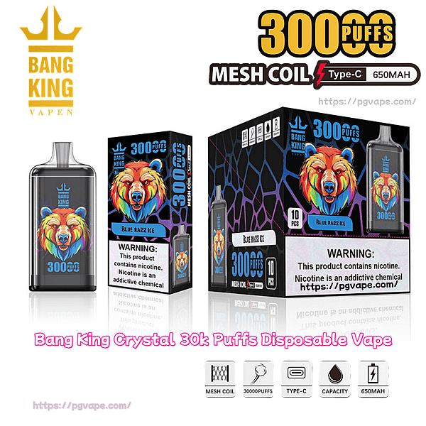 Dispositivo di vaporizzazione usa e getta Black Bang King e scatole di prodotti con logo colorato di un orso e marchio prominente “300 PUFFS”, etichettato Blue Razz Ice con bobina a rete, ricarica di tipo C e icone di capacità di 650 mAh e testo di avviso sulla nicotina.