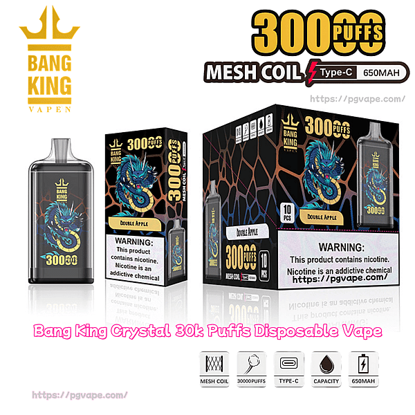Dispositivo di vaporizzazione usa e getta Black Bang King e scatole di prodotti con grafica del drago blu, etichetta Double Apple e 30000 puff, con bobina a rete, icone di tipo C da 650 mAh e un avviso di nicotina.
