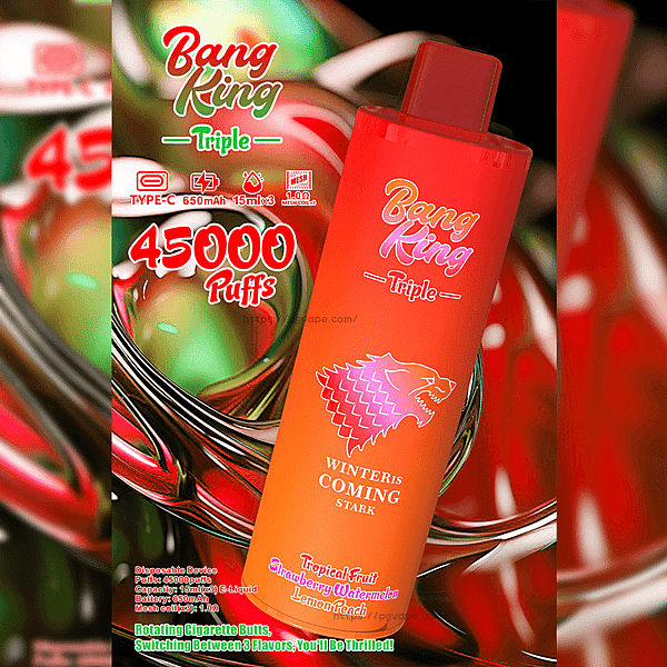 Bright orange-red disposable vape device labeled "Bang King Triple" featuring a wolf emblem and the phrase "Winter Is Coming Stark" alongside bold "45000 Puffs" text, shown against glossy red and green abstract swirls with small icons and flavor names (Tropical Fruit, Strawberry Watermelon, Lemon Peach).